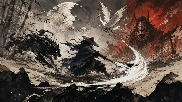 満月の下で墨妖と対峙する和風ローグライト・月影の絵巻