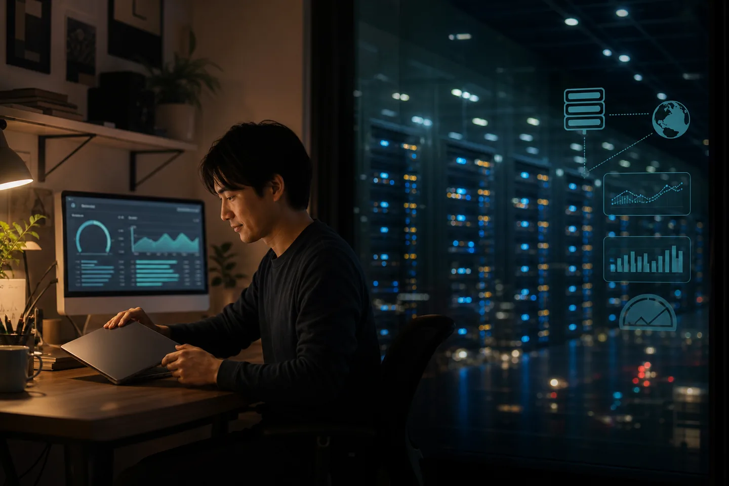 自宅パソコンの処理を遠隔の仮想サーバーへ移して運用する様子