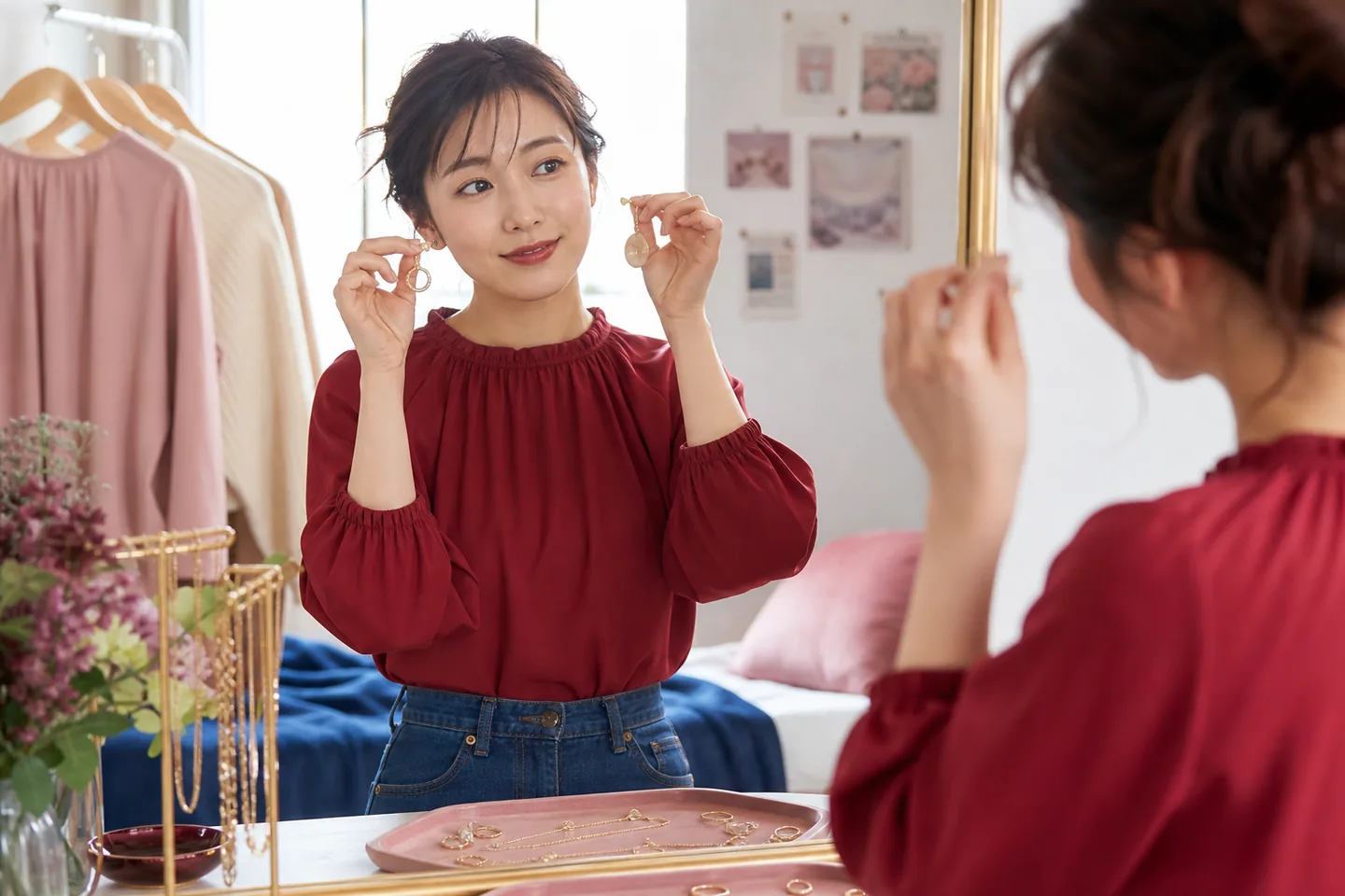 鏡の前で服装に合わせてイヤリングを選ぶ女性