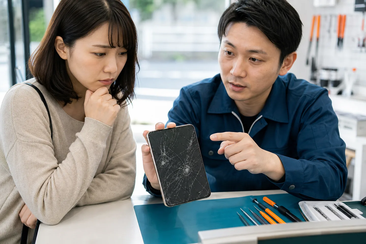 割れたスマートフォンを修理店で相談する様子