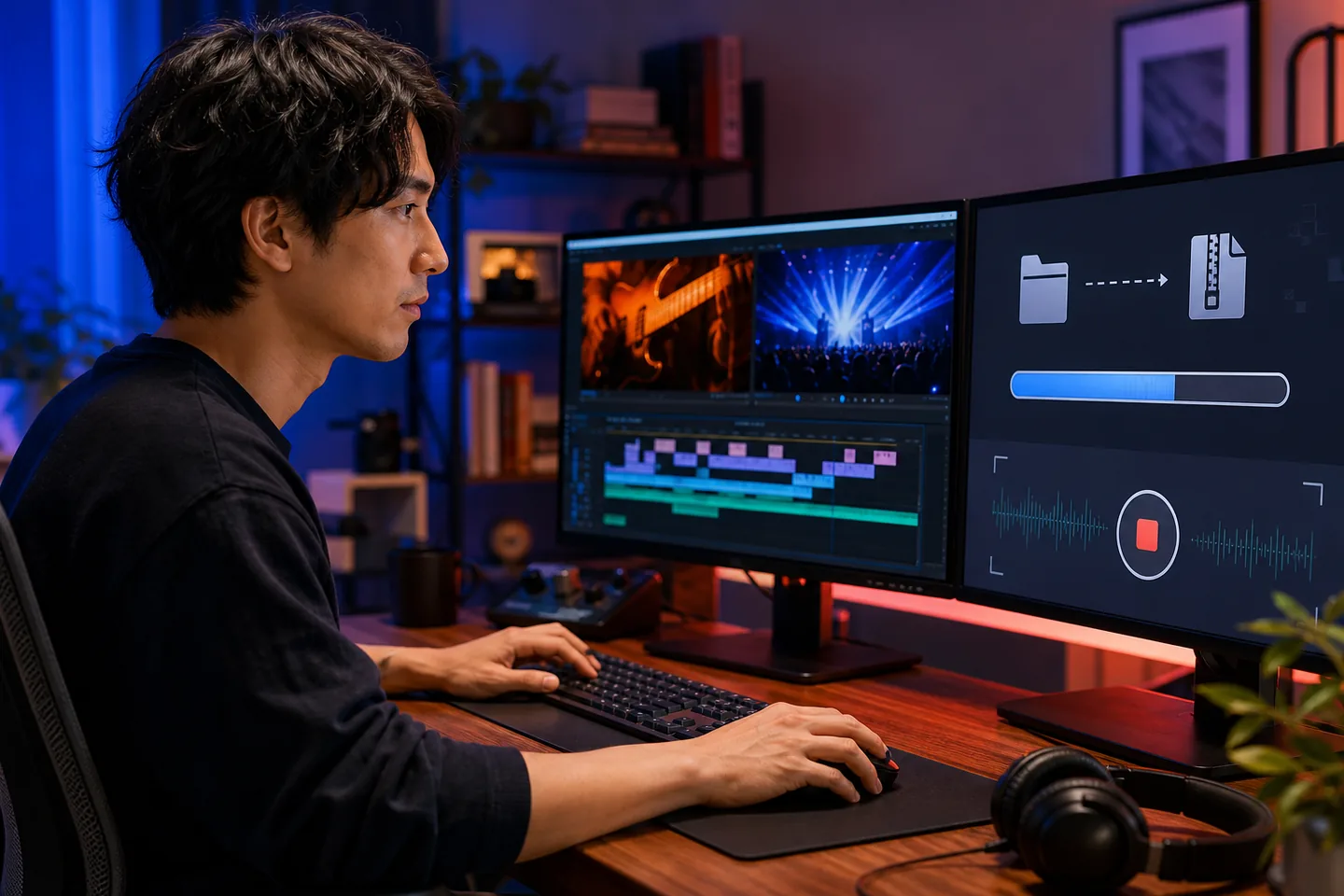 複数の動画処理をパソコンで整理するクリエイター