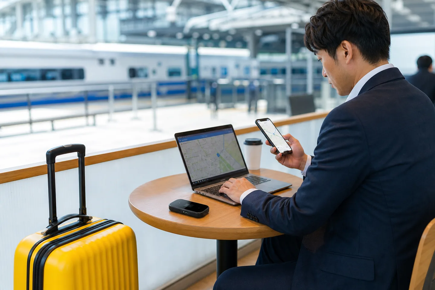 駅で旅行者がポケットWiFiと複数端末を準備する様子